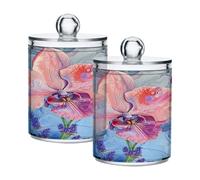 Ewusp Pink Orchid Qtip Holder 2 PCS Clear Plastic Apothecary Jars with Lid Cotton Pad Holder Dispenser Cotton Bud Holder Bathroom Storage Container Makeup Organiser
