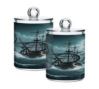 Ewusp Pirate Ship Qtip Holder 2 PCS Clear Plastic Apothecary Jars with Lid Cotton Pad Holder Dispenser Cotton Bud Holder Bathroom Storage Container Makeup Organiser