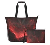 Ewusp Red Lightning Extra Large Beach Bag for Women, Waterproof Beach Tote with Wet Compartment & Mesh Pockets, Lightweight Tote for Pool Travel Gym Shopping Vacation