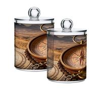 Ewusp Retro Compass Qtip Holder 2 PCS Clear Plastic Apothecary Jars with Lid Cotton Pad Holder Dispenser Cotton Bud Holder Bathroom Storage Container Makeup Organiser
