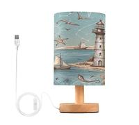 Ewusp Retro Lighthouse Bedside Table Lamp for Bedroom USB C Charging Ports Nightstand Lamp LED Desk Reading Light Wood Base Fabric Shade for Nursery Living Room Office