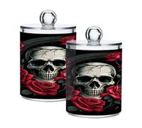 Ewusp Rose Skull Qtip Holder 2 PCS Clear Plastic Apothecary Jars with Lid Cotton Pad Holder Dispenser Cotton Bud Holder Bathroom Storage Container Makeup Organiser