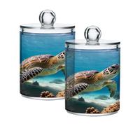 Ewusp Sea Turtle Qtip Holder 2 PCS Clear Plastic Apothecary Jars with Lid Cotton Pad Holder Dispenser Cotton Bud Holder Bathroom Storage Container Makeup Organiser