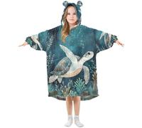 Ewusp Sea Turtle Wearable Blanket Hoodie for Kids Oversized Hooded Sweatshirt Flannel Blanket with Pocket
