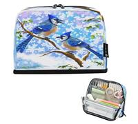 Ewusp Standing Pencil Case Organiser Blue Jay Winter Large Capacity Stand Up Pencil Pouch Zippered Pen Bag for School College Office Desk Travel