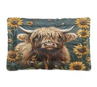 Ewusp Sunflowers Highland Cow Calming Dog Bed for Small Medium Large Dogs Washable Dog Crate Mattress Soft and Cozy Pet Bed Floor Pad with Anti-Slip Bottom 60x46x4.5 cm