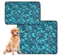 Ewusp Teal Blue Leaves Reusable Dog Training Pads 2PCS Absorbent & Quick Drying Pee Pads for Dogs Washable Puppy Pads Non Slip Pet Mats Potty Pads 61x91.4cm + 91.4x106.7cm