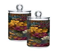 Ewusp Vintage Flowers Qtip Holder 2 PCS Clear Plastic Apothecary Jars with Lid Cotton Pad Holder Dispenser Cotton Bud Holder Bathroom Storage Container Makeup Organiser
