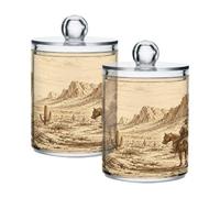 Ewusp Western Cowboy Qtip Holder 2 PCS Clear Plastic Apothecary Jars with Lid Cotton Pad Holder Dispenser Cotton Bud Holder Bathroom Storage Container Makeup Organiser