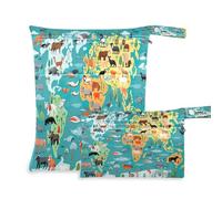 Ewusp Wet Dry Bags for Baby Cloth World Map Animals Waterproof Reusable Wet Bags with 2 Zippered Pockets for Travel Beach Pool Stroller Gym Swimsuits Wet Clothes (2 Pack)