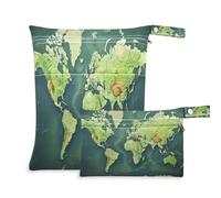 Ewusp Wet Dry Bags for Baby Cloth World Map Waterproof Reusable Wet Bags with 2 Zippered Pockets for Travel Beach Pool Stroller Gym Swimsuits Wet Clothes (2 Pack)