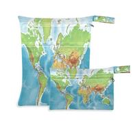 Ewusp Wet Dry Bags for Baby Cloth World Map Waterproof Reusable Wet Bags with 2 Zippered Pockets for Travel Beach Pool Stroller Gym Swimsuits Wet Clothes (2 Pack)