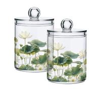 Ewusp White Lotus Flowers Qtip Holder 2 PCS Clear Plastic Apothecary Jars with Lid Cotton Pad Holder Dispenser Cotton Bud Holder Bathroom Storage Container Makeup Organiser
