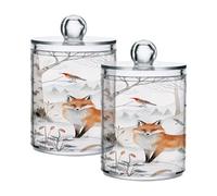 Ewusp Winter Fox Qtip Holder 2 PCS Clear Plastic Apothecary Jars with Lid Cotton Pad Holder Dispenser Cotton Bud Holder Bathroom Storage Container Makeup Organiser