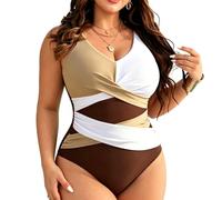 EWYRJYH Plus Size Color Block One Piece Swimsuit, V-neck Twist Knot At The Waist Adjustable Thin Straps Slim Fit, Beach and Pool(0XL)