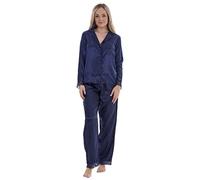 Ex High Street Brand Silk Satin Pyjamas for Women, Ladies Long Sleeve Revere Collar Loungewear Pjs Set UK 6-32 Blue