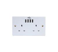 Ex-Pro 13A Double 2 Gang Wall Faceplate Unswitched Socket with 4x USB Charger Ports Outlets 2.4A, White - 1 Pack