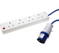 Ex-Pro 16A 2P+E Hook Up Plug To 13A 4 Gang Socket Mains Extension Cable Lead, 240V, 15M, Blue, For Caravan Site Camping Motorhome Marina