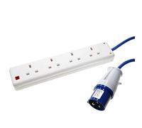 Ex-Pro 20m 16A 2P+E Hook Up Plug to 13A 4 Gang Socket Mains Extension Cable Lead, 240V, Blue, for Caravan Site Camping Motorhome Marina