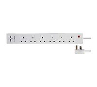 Ex-Pro 6 Gang Way 1m 13A Mains Power 2 x USB Charge Ports 2.4A 5v Extension Socket Cable - White