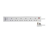 Ex-Pro 6 Way Mains Power Extension Lead With 2 X Usb Ports, 2M, White