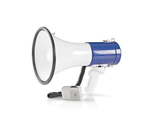 Ex-Pro Professional 25W Super Loud Megaphone with Detachable Handheld Microphone, Built-In Siren, Adjustable Volume and Shoulder Strap - 1500 Meter Range - White/Blue