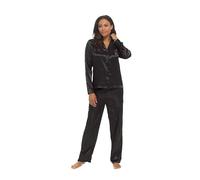 Ex UK Store Ladies Satin Pyjamas Silky Traditional Button Up PJ Sets Sleep Lounge Night Wear (Black 20-22)