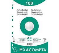 Exacompta - Ref 10606E - Bristol Squared & Punched White Record Cards (Pack of 100) - A4 in Size, 205gsm Card, Compatible with Printers - Suitable for Exam Revision & Notes - White