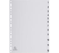 Exacompta - Ref 1912E - PP Printed Indices - For Use With A4 Documents, 0.1mm Polypropylene, Pre-Punched, Soft & Tear Resistant - 12 Divider Parts (1-12) - Grey