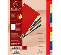 Exacompta - Ref 2512E - PP Printed Indices - For Use With A4+ Documents, 0.1mm Polypropylene, Pre-Punched, Soft & Tear Resistant - 12 Divider Parts (1-12) - White With Coloured Tabs