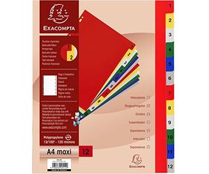 Exacompta - Ref 2512E - PP Printed Indices - For Use With A4+ Documents, 0.1mm Polypropylene, Pre-Punched, Soft & Tear Resistant - 12 Divider Parts (1-12) - White With Coloured Tabs