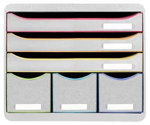 Exacompta - Ref. 306913D - STORE-BOX - 6-drawer box - 3 drawers for A4+ documents and 3 high thin drawers - External dimensions: Depth 27 x width 35.5 x Height 27.1 cm - White/harlequin/white