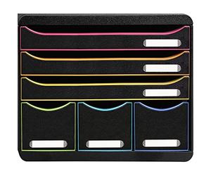 EXACOMPTA - Ref. 306914D - STORE-BOX - 6-drawer unit - 3 drawers for A4+ documents and 3 high thin drawers - External dimensions: Depth 27 x width 35.5 x Height 27.1 cm - Black/harlequin/black