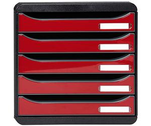 Exacompta - Ref 3097218D - BIG-BOX PLUS Desktop Drawer Set - 5 x 43mm Drawers, Suitable for A4+ Documents, 347 x 278 x 271mm, 100% Recycled Plastic - Black/Glossy Dark Red