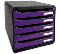 Exacompta - Ref 3097220D - BIG-BOX PLUS Desktop Drawer Set - 5 x 43mm Drawers, Suitable for A4+ Documents, 347 x 278 x 271mm, 100% Recycled Plastic - Black/Glossy Purple