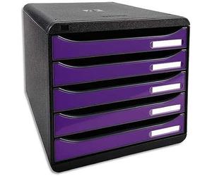 Exacompta - Ref 3097220D - BIG-BOX PLUS Desktop Drawer Set - 5 x 43mm Drawers, Suitable for A4+ Documents, 347 x 278 x 271mm, 100% Recycled Plastic - Black/Glossy Purple