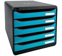 Exacompta - Ref 3097282D - BIG-BOX PLUS Desktop Drawer Set - 5 x 43mm Drawers, Suitable for A4+ Documents, 347 x 278 x 271mm, 100% Recycled Plastic - Black/Glossy Turquoise