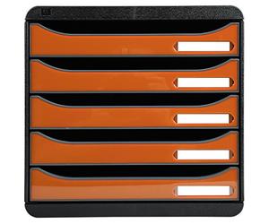 Exacompta - Ref 3097288D - BIG-BOX PLUS Desktop Drawer Set - 5 x 43mm Drawers, Suitable for A4+ Documents, 347 x 278 x 271mm, 100% Recycled Plastic - Black/Glossy Tangerine