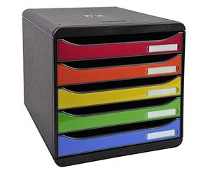 Exacompta - Ref 3097298D - BIG-BOX PLUS Desktop Drawer Set - 5 x 43mm Drawers, Suitable for A4+ Documents, 347 x 278 x 271mm, 100% Recycled Plastic - Black/Glossy Harlequin