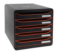 Exacompta - Ref 309988D - BIG-BOX PLUS Desktop Drawer Set - 5 x 43mm Drawers, Suitable for A4+ Documents, 347 x 278 x 271mm, 100% Recycled Plastic - Black/Tangerine/Black