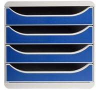 Exacompta - Ref 310003D - BIG-BOX Desktop Drawer Set - 4 x 55mm Drawers, Suitable for A4+ Documents, 347 x 278 x 267mm, 100% Recycled Plastic - Light Grey/Blue