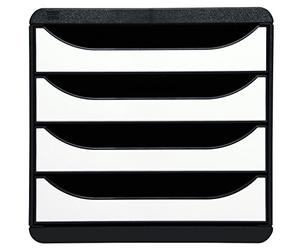 Exacompta - Ref 3104213D - BIG-BOX Desktop Drawer Set - 4 x 55mm Drawers, Suitable for A4+ Documents, 347 x 278 x 267mm, 100% Recycled Plastic - Black/Glossy White