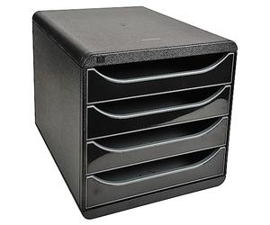Exacompta - Ref 3104214D - BIG-BOX Desktop Drawer Set - 4 x 55mm Drawers, Suitable for A4+ Documents, 347 x 278 x 267mm, 100% Recycled Plastic - Black/Glossy Black