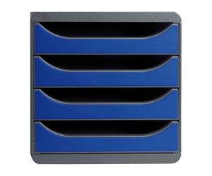 Exacompta - Ref 310703D - BIG-BOX Desktop Drawer Set - 4 x 55mm Drawers, Suitable for A4+ Documents, 347 x 278 x 267mm, 100% Recycled Plastic - Black/Royal Blue