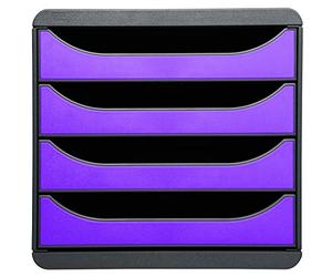 Exacompta - Ref 310720D - BIG-BOX Desktop Drawer Set - 4 x 55mm Drawers, Suitable for A4+ Documents, 347 x 278 x 267mm, 100% Recycled Plastic - Black/Purple