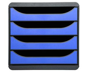 Exacompta - Ref 310779D - BIG-BOX Desktop Drawer Set - 4 x 55mm Drawers, Suitable for A4+ Documents, 347 x 278 x 267mm, 100% Recycled Plastic - Black/Ice Blue