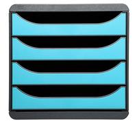 Exacompta - Ref 310782D - BIG-BOX Desktop Drawer Set - 4 x 55mm Drawers, Suitable for A4+ Documents, 347 x 278 x 267mm, 100% Recycled Plastic - Black/Turquoise