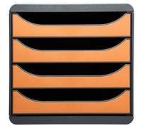 Exacompta - Ref 310788D - BIG-BOX Desktop Drawer Set - 4 x 55mm Drawers, Suitable for A4+ Documents, 347 x 278 x 267mm, 100% Recycled Plastic - Black/Tangerine