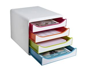Exacompta - Ref. 310913D - BIG-BOX Black Office - 4-drawer unit for A4+ format - External dimensions: depth 34.70 x width 27.80 x height 26.70 cm - White/harlequin/white