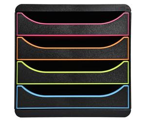 Exacompta - Ref 310914D - BIG-BOX Desktop Drawer Set - 4 x 55mm Drawers, Suitable for A4+ Documents, 347 x 278 x 267mm, 100% Recycled Plastic - Black/Multi